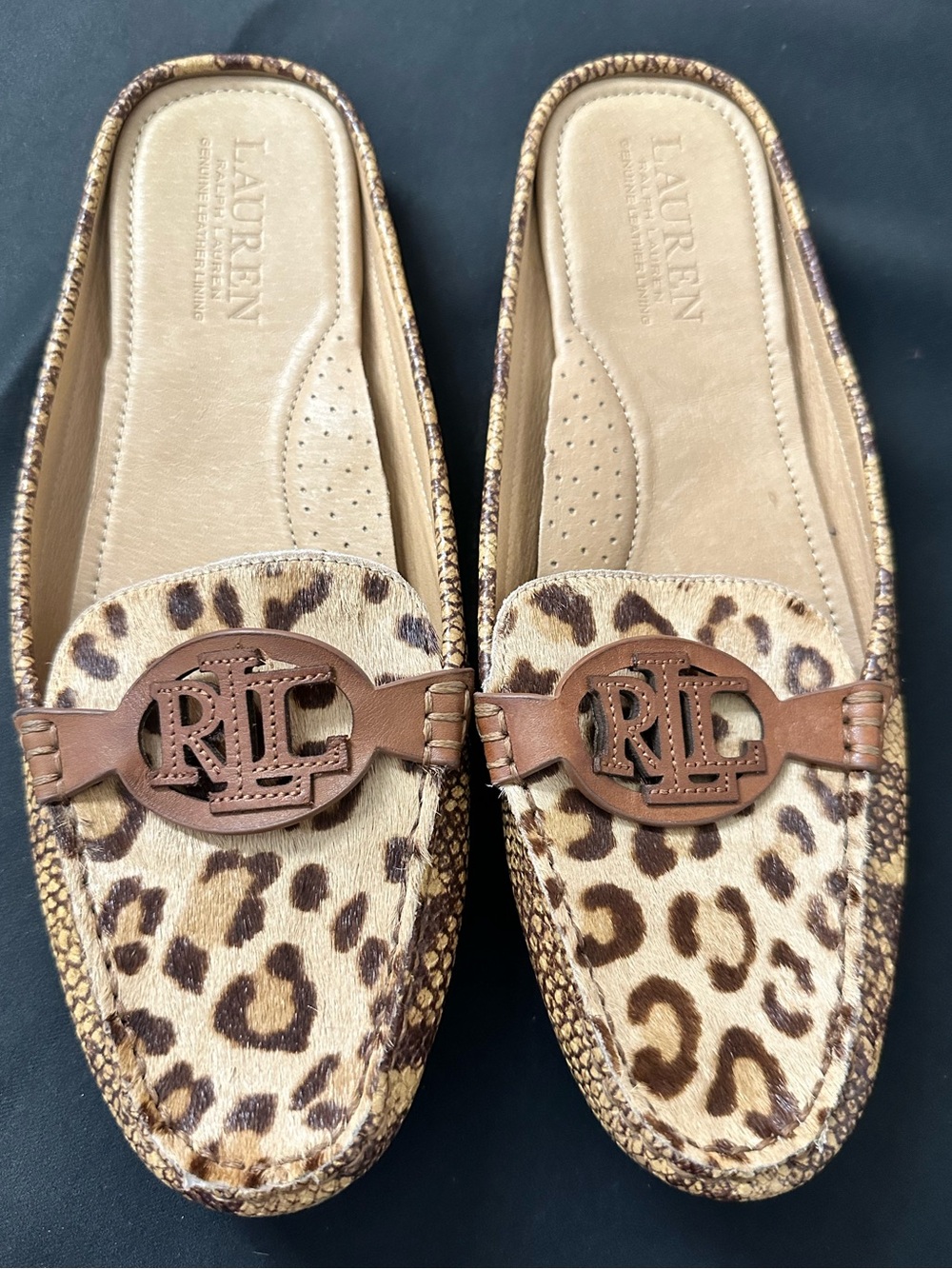 Lauren by Ralph Lauren Leopard Print Leather-Trim Slip-On Mules
